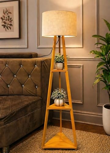 Image of Modern Wooden Triangle Floor Lamp with Shelves - 3-Tier Standing Lamp with Fabric Shade, Corner Shelf Light for Living Room, Bedroom, Study - Space Saving Decorative Lamp with Plant Stand...