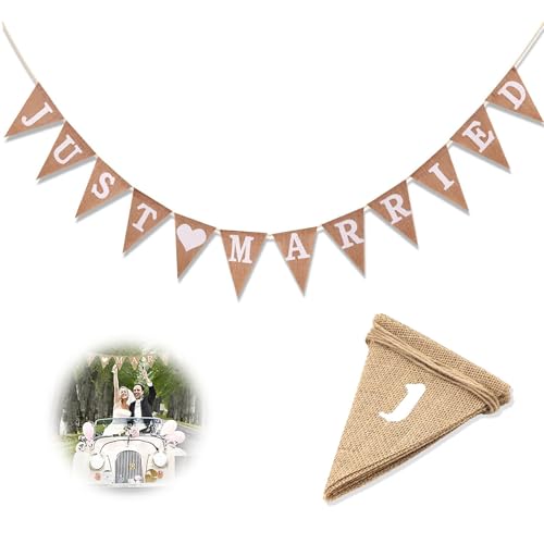 Just Married - Banderines de lino para boda, estilo bohemio, para ceremonias de boda, accesorios fotográficos, despedida de soltera