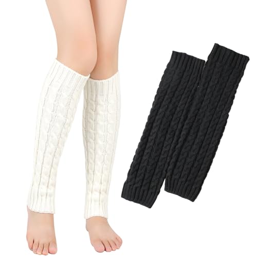 VEGCOO 2 Paires Jambière Femmes, Jambières Tricotées Automne et Hiver, Jambières Chaudes, Knit Chaussettes Boot pour Femmes (noir + blanc, One Size)