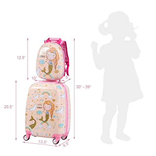 Gymax 2Pc Kid Carry On Luggage Set, 12" & 18" Kids Suitcase With 4 Spinner Wheels, Travel Rolling Trolley For Boys And Girls, Gift For Toddlers Children (Mermaid) #TOP3