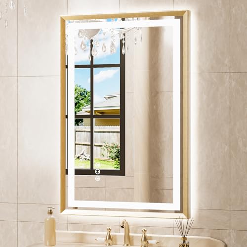 miskerm 24x36 LED Mirror for Bathroom, Brushed Gold Metal Frame