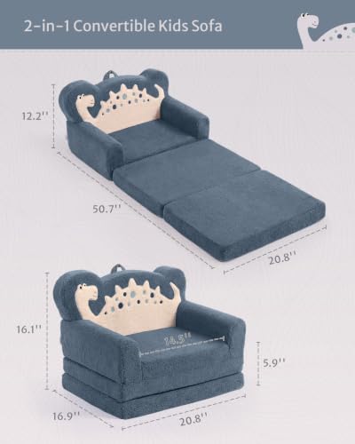 Image of Blissful Diary Kids Couch, 2-in-1 Soft Fold Out Kids Couch, Kids Sofa Chair, Comfy Kids Furniture for Playroom, Reading & Play, Blue Dinosaur | 50.8 inch Fold-Out Play Area, Supportive Foam, Washable Cover, Carry Handle, Pre-Assembled, Kid-Safe Zipper