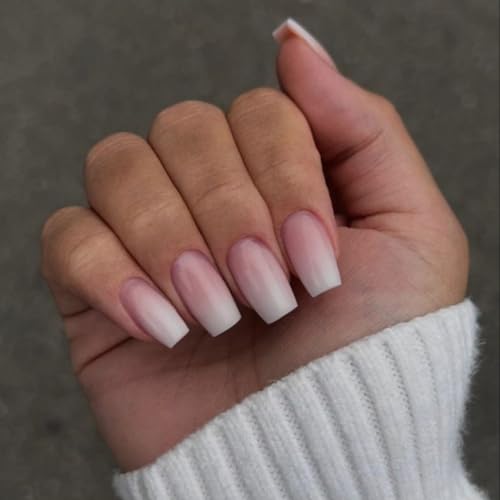 KQueenest Gradient Pink Press On Nails Medium Short Square Fake Nails with Design Natural Ombre Nails Press On,Acrylic Glue On Nails For Women,Thick Short Coffin French Nails for Daily Finger Wear - Image 3