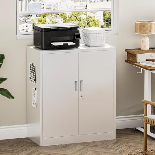 Image of Metal Garage Storage Cabinets,36 inch Steel File Cabinet with 2 Adjustable Shelves, Lockable Storage Cabinets for Office, Home, Garage, Warehouse 36 inch H x 32 inch W x 16 inch D (White)