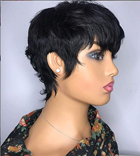 Vancehair full machine made Human Hair Short Wavy Wigs Short Human Hair Pixie Cut Layered Bob Wigs for women (Mix Length, Natural black)