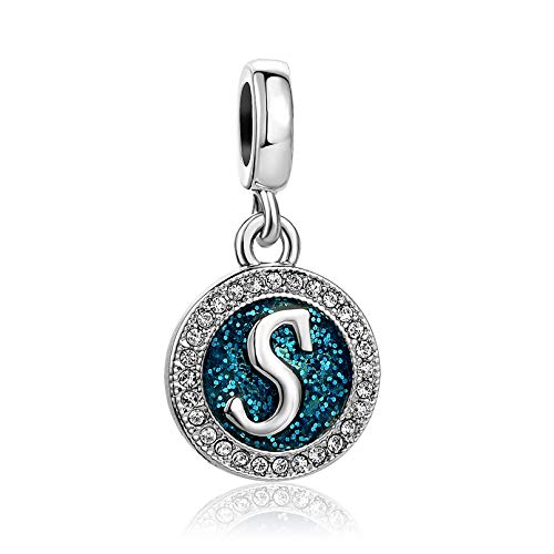 TGLS Spakling Blue Letter S Initial Charm Alphabet Capital Name Dangle Beads Compatible With Pandora Charms Bracelets