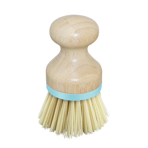 Image of OGGI Natural Bamboo Dish Brush - Round Palm Dish Brush, Non-Scratch, Odorless Nylon Bristles, Durable Scrub Brush for Grease & Grime, Safe Cleaning Brush for Non-Stick Cookware - Turquoise Accent
