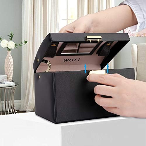 WOT I Jewellery Box Three Layers PU Leather Jewelry Storage Oganizer Built-in Mirror Lockable Compact Size Makeup with Lock for Girls and Women's Gift (Color : Black)