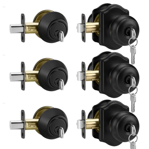 Goldenwarm Matte Black Exterior Door Knob and Single Cylinder Deadbolt, Keyed-Akile Entry Locksets with Lock and Key 3 Pack Set
