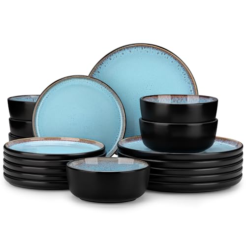 vancasso Plates and Bowls Sets, 18 Pieces Stoneware Dinnerware Sets for 6, Kitchen Dish Set Mircowave and Dishwasher Safe Ceramic Dishware, Blue, Series AMBER