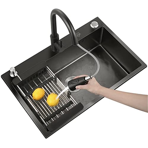 LMYSXAOZ Fregadero de Cocina de Acero Inoxidable de Montaje Superior, Hecho a Mano, con Grifo extraíble y escurridor, Apto para lavavajillas (Superior, Medio e Inferior, Gris, 80 x 45 cm)