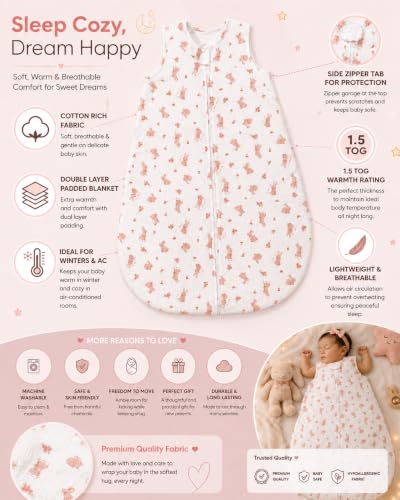 Image of TuddyBuddy Baby Cotton Wearable Quilted Sleeping Bag Blanket 1.5 Tog with 1 Way Zipper Closure | Ideal for Babies & Kids Hypoallergenic Fabrics | (Muslin Pink Rabbits AOP - White, 0-6 Months)