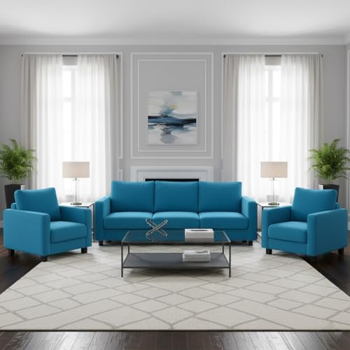 Image of FURNY Haster 5 Seater Premium Velvet Fabric 3+1+1 Sofa Set (Aqua Blue) Durable & Comfortable Ideal for Living Room