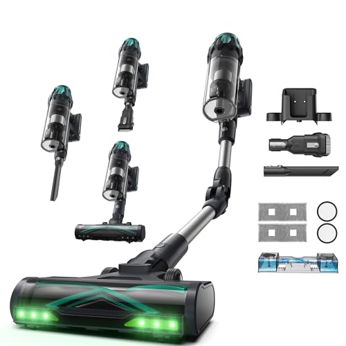 Vexilar Aspirateur Balai sans Fil V15 Max,60Min/65Kpa Aspirateur sans Fil Puissant,Brosse Anti-Emmêlement,Tube Pliable, Aspiration et Lavage,GreenEye, Aspirateur pour Poils d'animaux,Tapis,Sols