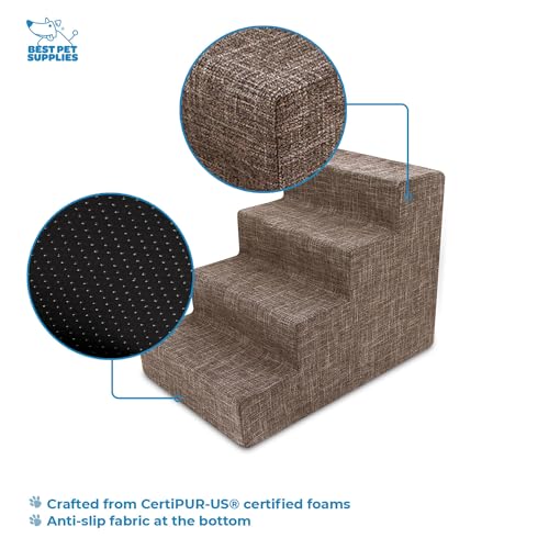 Image of USA Made Pet Steps /Stairs with CertiPUR-US Certified Foam for Dogs & Cats by Best Pet Supplies - Brown Linen, 4-Step (H: 18 inch) (ST250C-M)