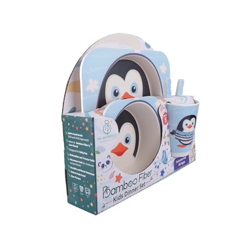 Image of Bamboo Kids Feeding Set of 5|Kids Crockery Set Tableware |Baby Utensils and Dishes Set | Eco-Friendly |Organic & Natural (Plucky Peguin)