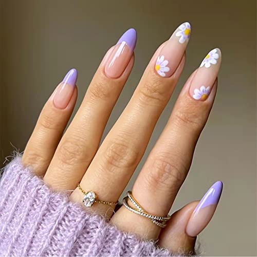 Press on Nails Medium French Almond Fake Nails with Flower Designs Glossy Stick on Nails Acrylic Nails for Women
