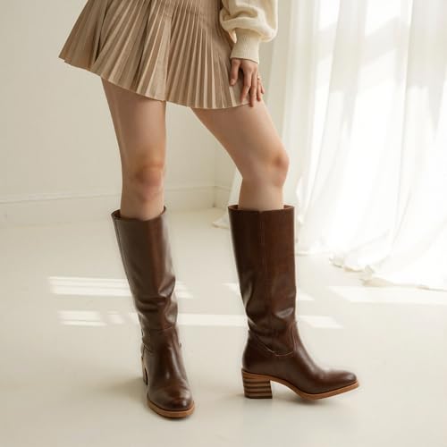 WIRALOMI Women's Knee High Campus Boots Square Toe Chunky Block Low Heel Vintage Long Boots for Women Wide Calf3
