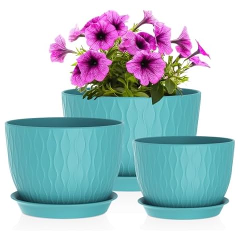 QRRICA Plant Pots 12/10/9 Inch Pots, Set of 3 Plastic Planters with Drainage Holes and Saucers,Plastic Flower Pots,Nursery Planting Pot for Indoor Out Door Plants（Blue） Cover