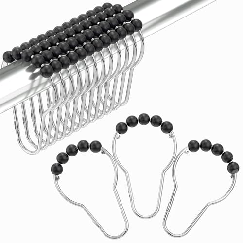Image of Amazer Black Shower Curtain Hooks, Decorative Rust Proof Acrylic Balls Shower Curtain Hooks, Stainless Steel Shower Hooks for Shower Curtain Bathroom Shower Hooks-Set of 12