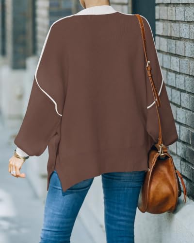 Image of Womens Sweaters Causal Crewneck Batwing Sleeve Knit Top Side Split Oversized Pullover Sweater Loose Jumper