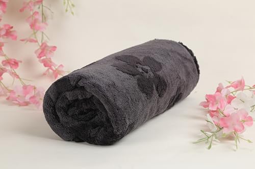 Image of HANKER Ultra Luxury Large /Full Size Plush Bath Towel | Dark Black Colour Blossom Super, Very Soft On Skin, Luxurious Fabric, Pure Polyamide, 70x140cm, 500GSM