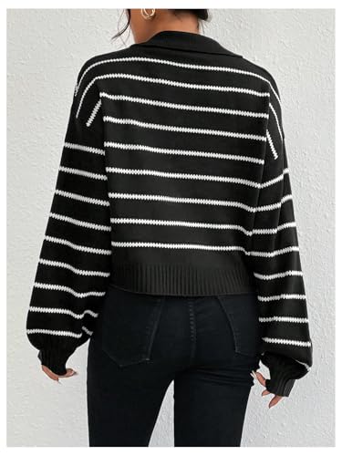 OYOANGLE Women's Striped Knit Sweaters Lapel V Neck Long Sleeve Crop Pullover Jumper Tops3
