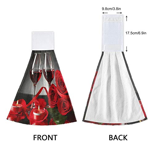 Red Wine In Glasses Red Rose Candle 2 Pcs Hanging Kitchen Hand Towels, Hanging Tie Towels With Hook & Loop Washcloth Dishcloths Sets Decorative Absorbent Tea Bar Bath Hand Towel #TOP3