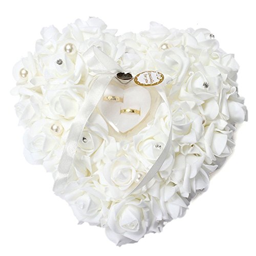ZJchao Coussin porte alliances avec roses en forme de cœur pour mariage 15 cm x 13 cm