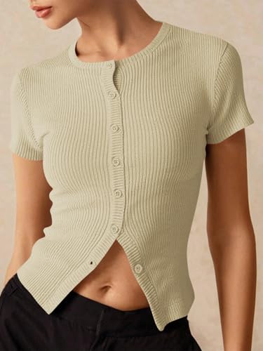 Image of Imily Bela Womens Short Sleeve Sweater Tops Summer Button Down Casual Ribbed Knit Slim Fit Cropped Cardigan Shirts