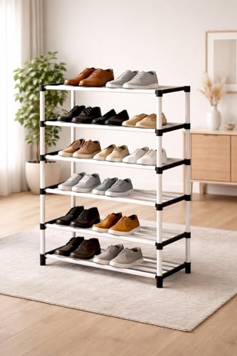 Image of PLX 6 Tier Plastic Shoe Rack for Home, Stackable Shoe Organizer Shelf Stand, Space Saving Footwear Storage Rack for Bedroom, Closet & Entryway, White