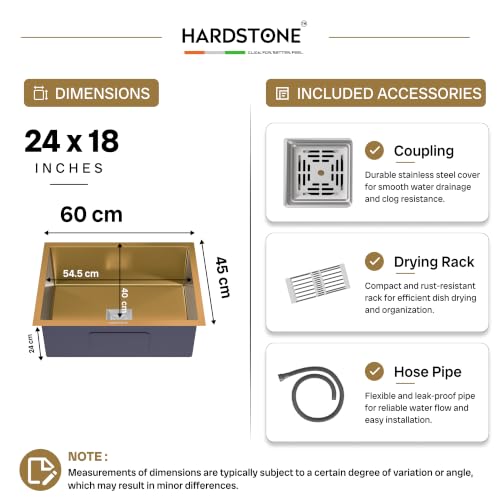 Image of HARDSTONE Premium Kitchen Sink | Single Bowl 24x18x9 Inch | Handmade Heavy Duty Stainless Steel Wash Basin with Matte Gold Finish | Includes Waste Hose Pipe, Coupling & Compact Drying Rack | Gold