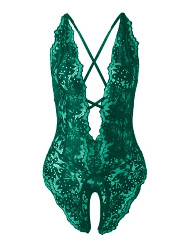 Image of SOLY HUX Women's One Piece Lingerie Sexy Lace Babydoll Deep V Teddy Criss Cross Backless Teddy Mini Bodysuit