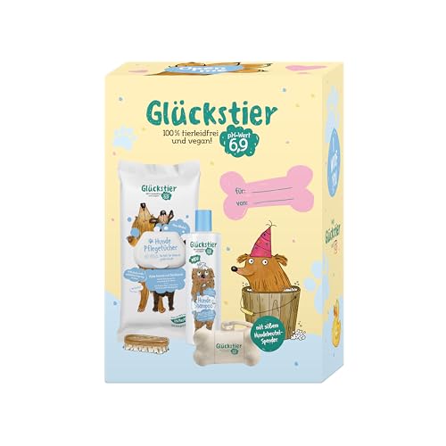 Glückstier Duo Geschenkset | Mit Glückstier Hundeshampoo parfümfrei (250ml) | Hundepflegetücher (60 STK.) | Hundebeutel-Spender (inkl. 15 Beutel) | ohne Parfüm | für Welpen & Sensible Hundenasen