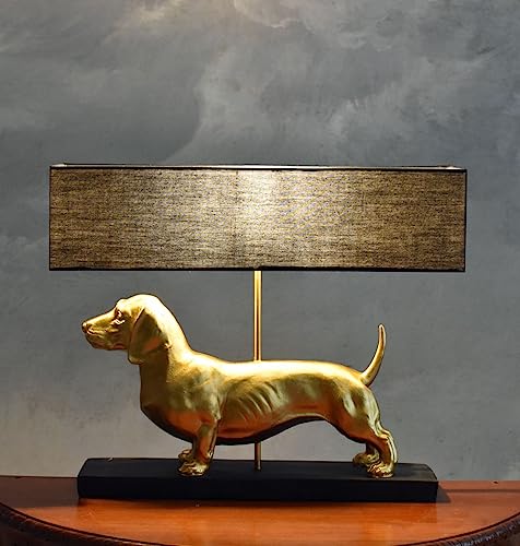 PALAZZO INT Tischlampe „Villa Dachshund“ – Dackel Lampe in Gold mit Stoffschirm | Design-Tischleuchte mit Hundefigur | Handbemalt | E27-Fassung max. 60W | 60 cm breit