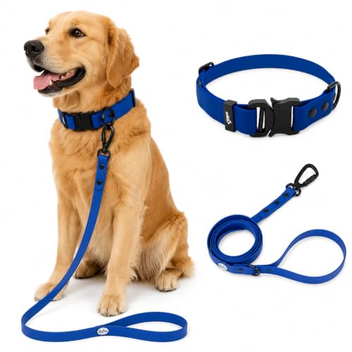 Image of Adil'S Waterproof Leash and Collar Combo Set - Adjustable & Breathable Biothane Collar with Leash Suitable for Medium & Large Size Dogs (Lease 5Ft), Blue, L