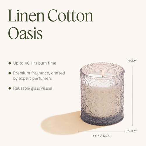 LA JOLIE MUSE Linen Cotton Oasis Scented Candle - Cotton, Jasmine & Warm Musk | 6 oz Natural Soy Wax | 40 Hours Clean Burn | Gift-Ready for Hosts, Gatherings | Elegant Home Décor