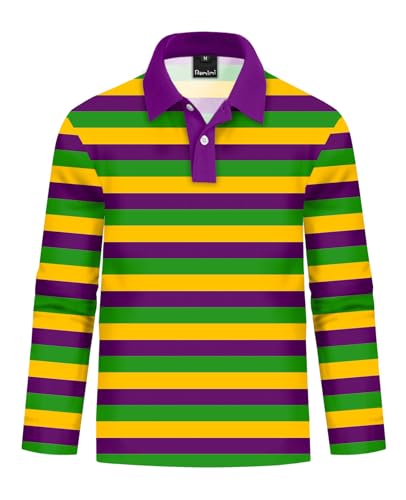 Remimi Girls Striped Rugby Shirt Mardi Gras Day Button Up Shirt Purple Green Gold Stripe Polo 11-12 Years