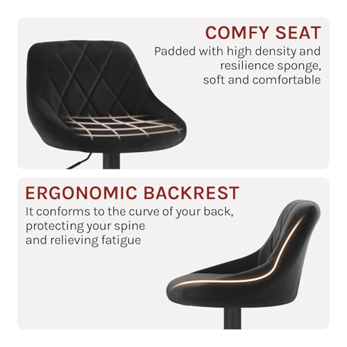 WOLTU Bar Stools Set of 2 Breakfast Bar Chairs Swivel Dining Stools, Height Adjustable Kitchen Island Barstools, Black Velvet Upholstery, Metal Footrest & Base