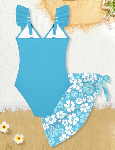 Image of Girls One Piece Swimsuit Cut Out Ruffle Bathing Suit Twist V Neck Swimwear Solid Color with Cover Up Skirt 9-16T