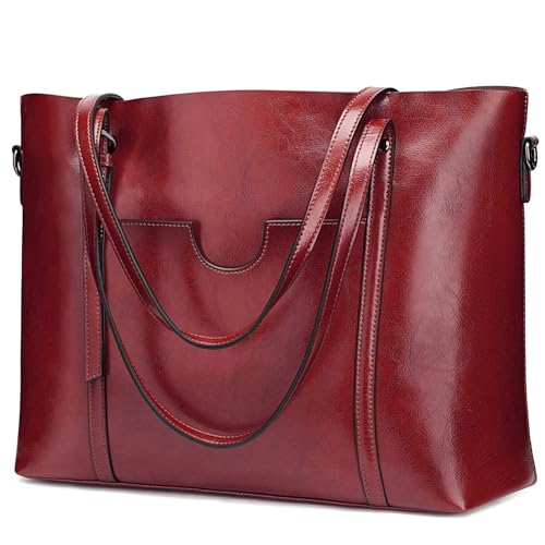 S-ZONE Women's Vintage 3-Way Genuine Leather Tote Shoulder Bag Handbag Fashion Handbag Messenger Bag (Wine red)(Size:L)