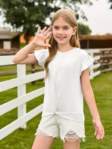 Image of Haloumoning Girls Ruffle Sleeve T Shirts Summer Crewneck Shirt 5-14 Years | Flutter Ruffle Short Sleeve, Twist Front, Casual, Solid, Loose Fit, Tees Tops