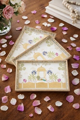 Image of Wooden Enamel Coated Serving Tray Set of 3 for Home Decor Multipurpose Rectangular Trays for Kitchen Living Room and Coffee Table with Printed Design (C-2)