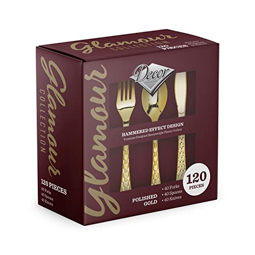 Decorline -Ventaja de 120 Piezas Pack Luxe Peso plástico Oro de Cubiertos Desechables de plástico, PS Metalizado, con Efecto Glamour