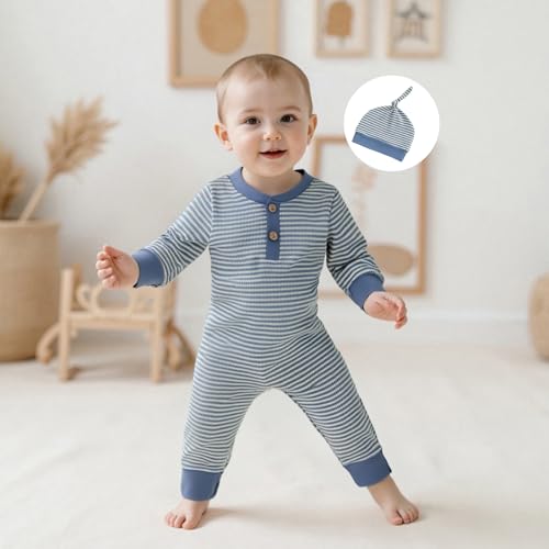 Newborn 3 6 9Months Baby Boy Romper Stripes Onesie Long Sleeve Jumpsuit Coming Home Outfit Infant Boy Clothes with Hat4