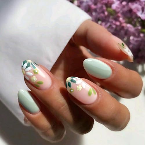 SEMATA Acrylic Press on Nails Short Round Spring Summer Light Green False Fake Nails Press ons Flower Nude Design Fake Nail 24Pcs Reusable Shiny Full Cover Stick on Nail for Women — view 2