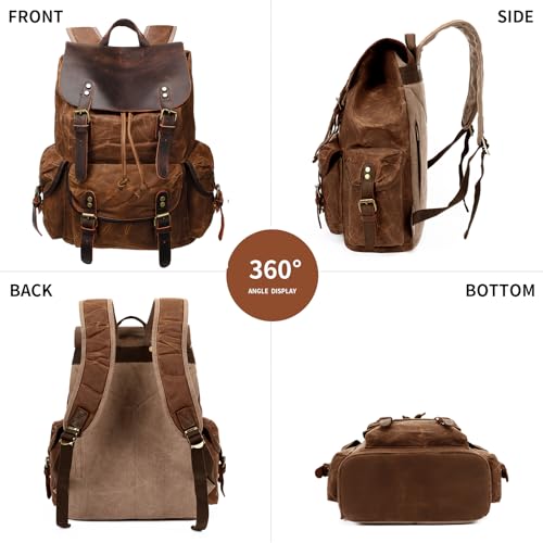 Image of HuaChen Vintage Waxed Canvas Backpack with Genuine Leather Flap, Travel & Work Rucksack, Water-Resistant Daypack with Anti-Theft Pocket, Large (15.6 inch), M80 Brown