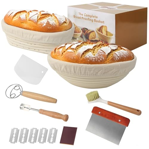 10 Stück Gärkorb Brot Set, 23cm Rund + 25cm Oval Brot Gärkorb,Gärkörbchen zum Brotbacken,Handgeflochtener Fermentierter Korb aus Natürlichem Rattan im,Einschließlich Teigschaber und Ölpinsel