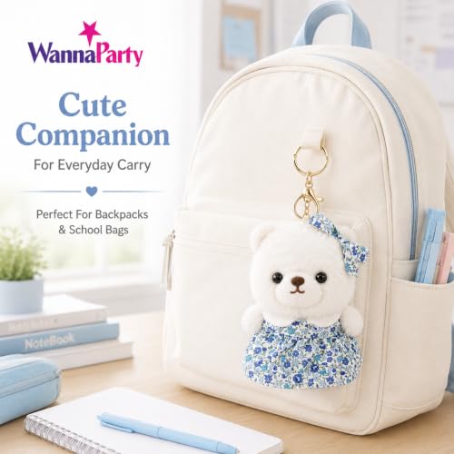 Image of Wanna Party White Teddy Bear Plush Keychain, Cute Soft Bear Bag Charm with Blue Floral Dress