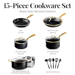 Gotham Steel 15 Pc Ceramic Pots and Pans Set Non Stick, Kitchen Cookware Sets, Pot and Pan Set, Ceramic Cookware Set, Non Toxic Cookware Set, Non Stick Pots and Pan Set, Dishwasher Safe - Black Gold Gotham Steel 15 Pc Ceramic Pots and Pans Set Non Stick Kitchen Cookware Sets Pot and Pan Set Ceramic Cookware Set Non Toxic Cookware Set Non Stick Pots and Pan Set Dishwasher Safe Black Gold